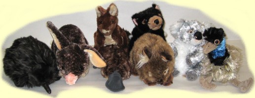 A set of nine Australian animals toys: echidna, bilby, platypus, kangaroo, wombat, tasmanian devil, koala, emu, crocodile