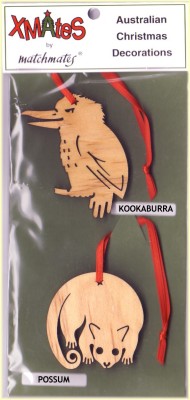 kookaburra and possum Christmas tree decorations