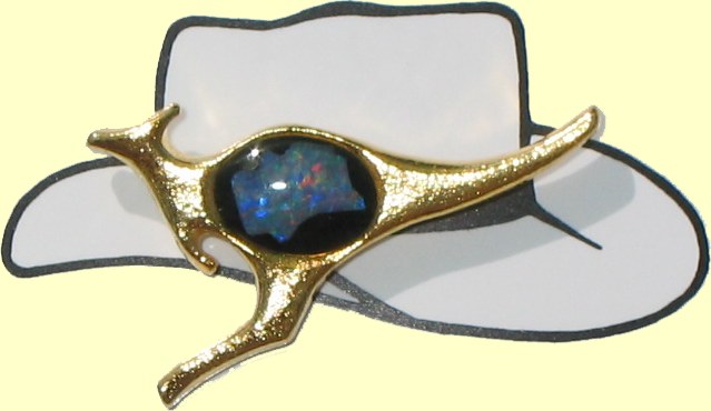 Kangaroo hat, tie and lapel pins with Australian opal chips