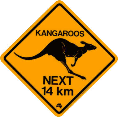 kangaroo road signs, stickers, magnets, key chains, placemats