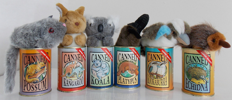 canned toys - possum, kangaroo, koala, platypus, kookaburra, echidna